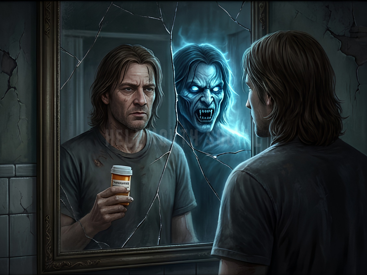 a man (with mid-length brown hair) looking in a mirror; one half of his face is a cool, glowing-eyed monster, and the other half is just a tired 45-year-old holding a bottle of ibuprofen.