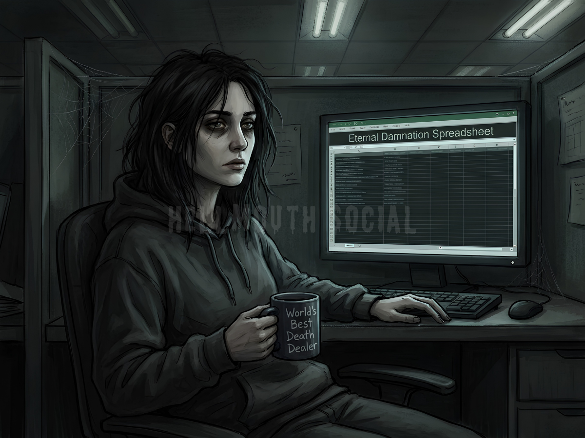 a weary 40-year-old black-haired female vampire sitting in a cubicle, staring at a computer screen that says "Eternal Damnation Spreadsheet", while holding a coffee mug that says "World's Best Death Dealer".