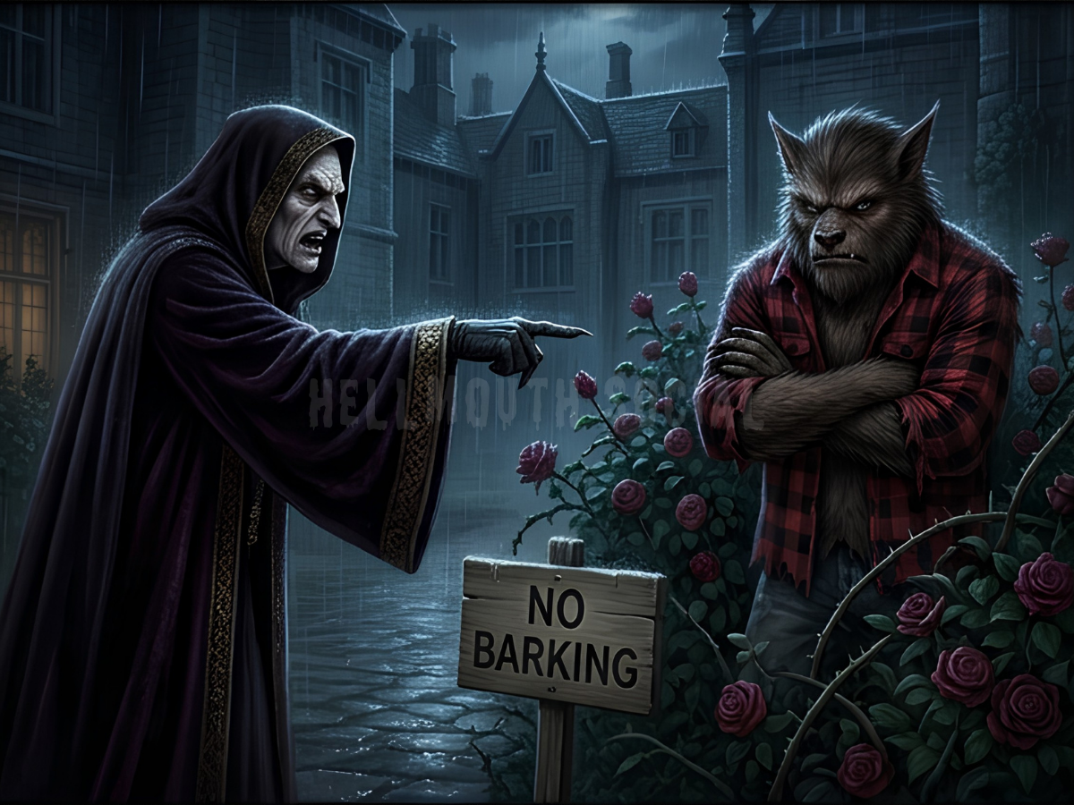 a refined 500-year-old vampire patriarch in a velvet robe angrily pointing at a "No Barking" sign while a disgruntled werewolf in a flannel shirt stands in a manicured rose bush.