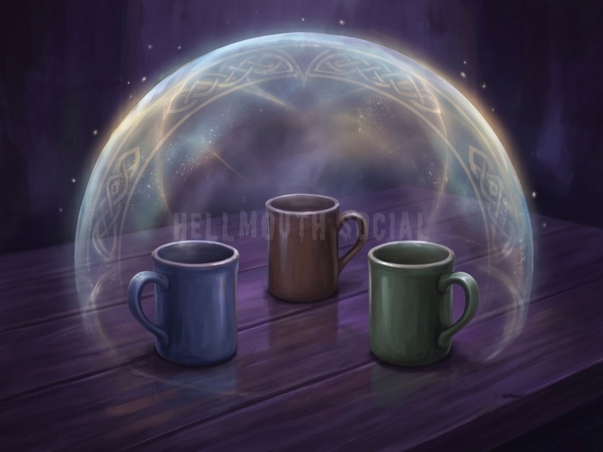 three mugs of tea arranged in a triangle, with a faint, shimmering shield hovering over them.