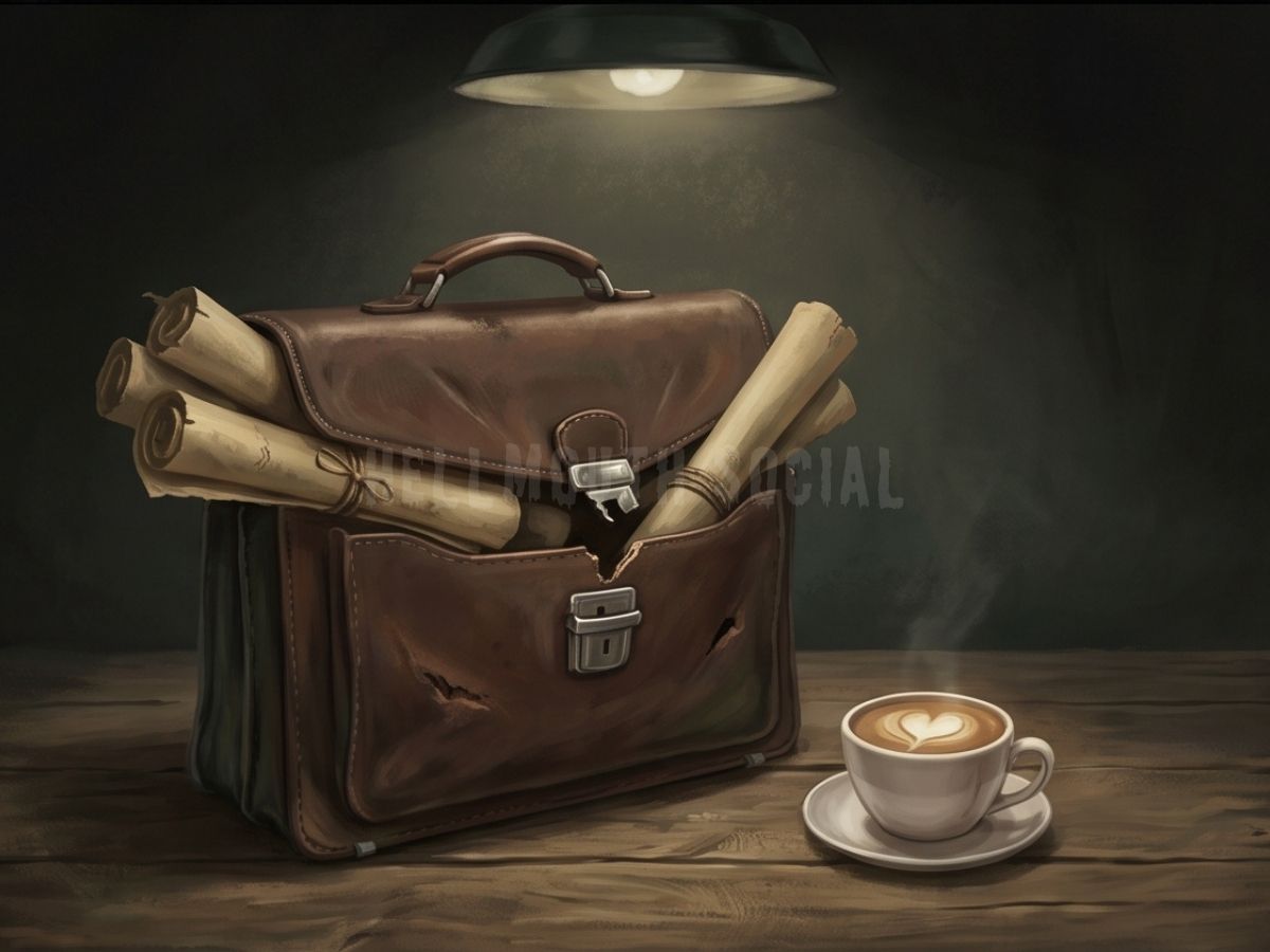 a 90s briefcase overflowing with ancient scrolls and a single, very lonely latte.
