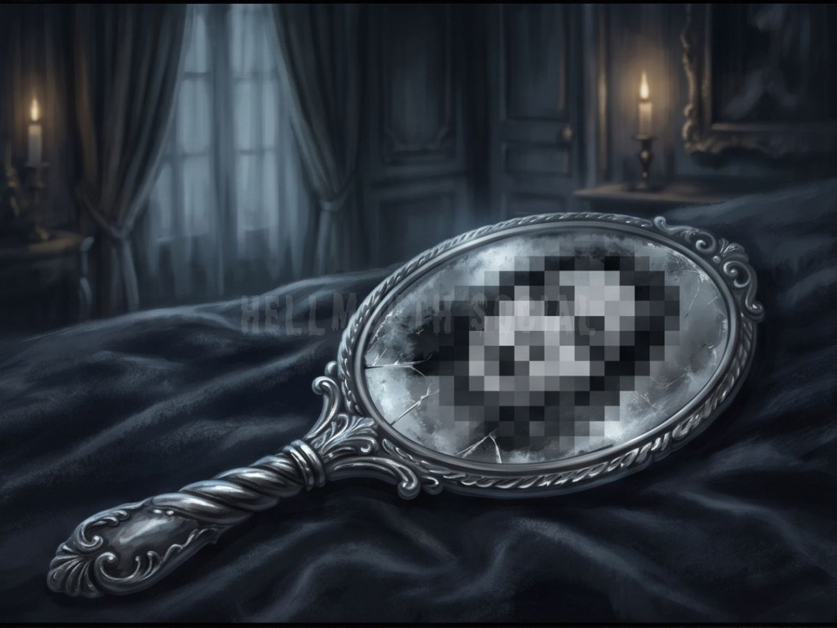an ornate silver hand mirror reflecting a blurry, pixelated face while the background stays in high-definition.