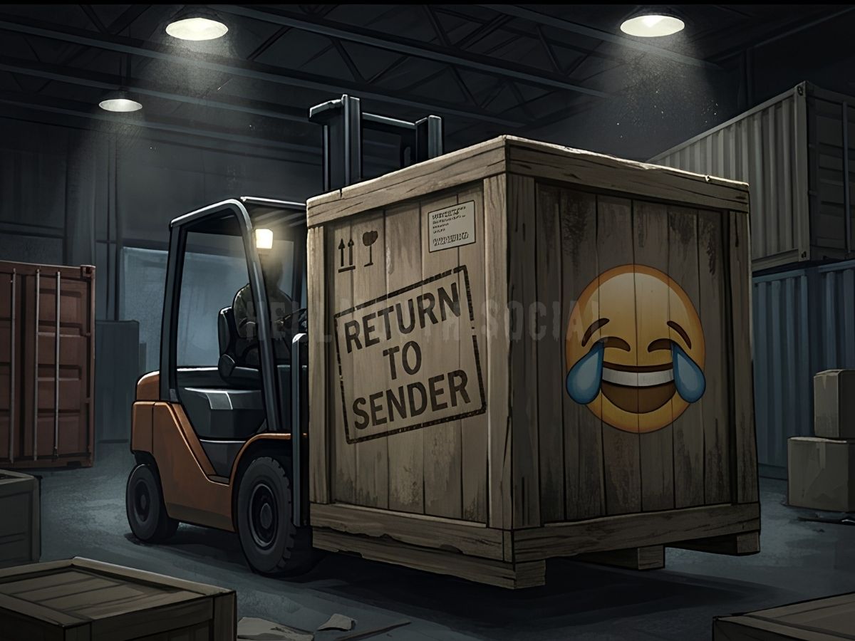 a giant wooden box being moved by a forklift, but the box has a "Return to Sender" sticker and a "Crying Laughing" emoji printed on the side.
