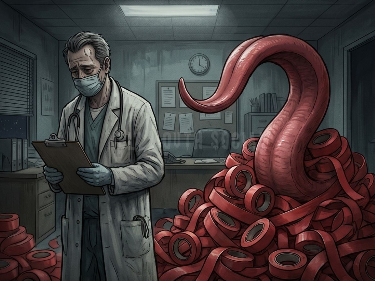 a weary doctor holding a clipboard, standing in front of a literal mountain of red tape shaped like a giant tongue.