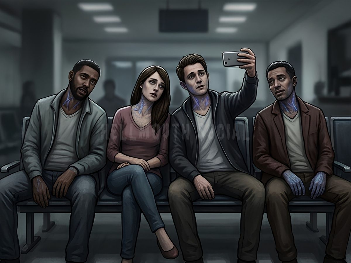 four people sitting on a bench, looking dazed, with glowing blue veins subtly appearing on their necks while they try to take a selfie.
