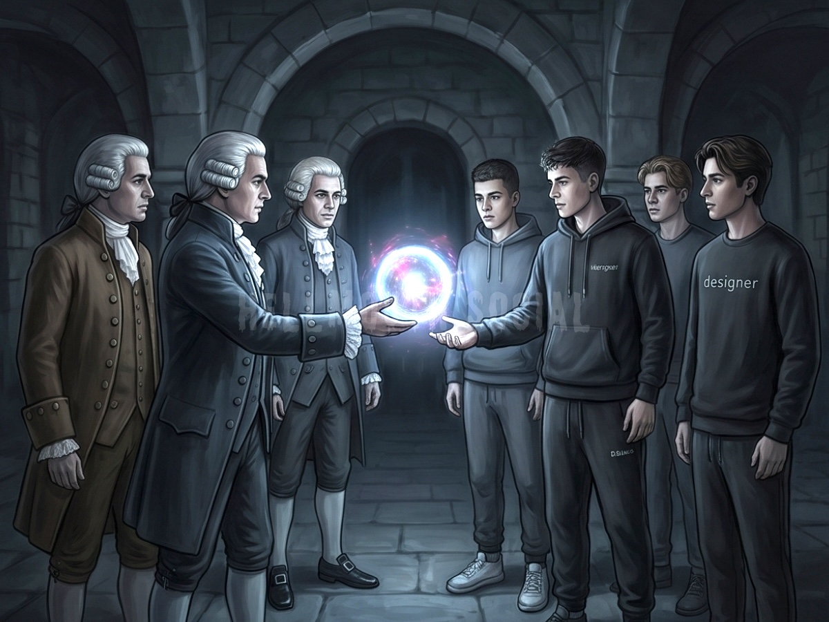 three historical figure White men in 1700s wigs handing a glowing orb to four modern White 25-year-old guys (one blond short hair, one brown mid-length hair, one short brown hair, and one black short hair, and one black mid-length hair) in designer loungewear.