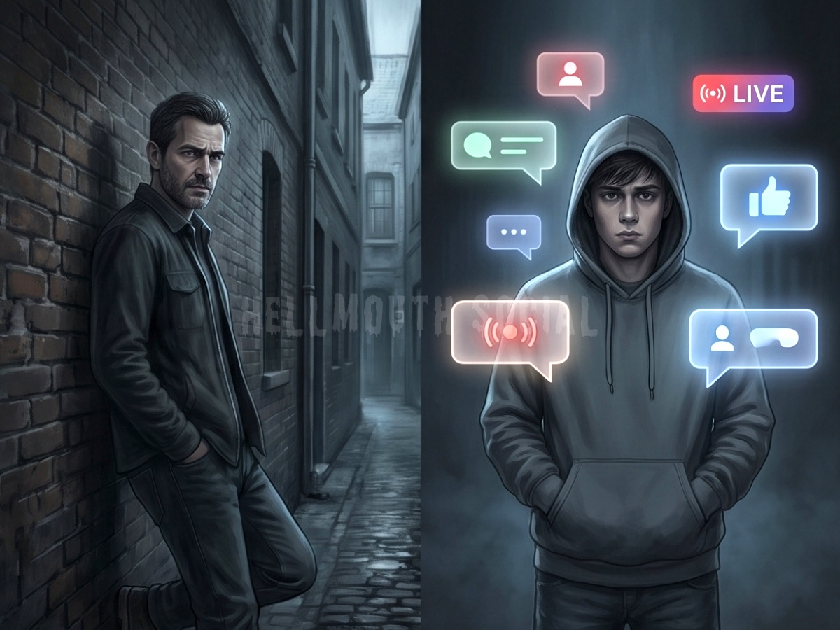 a moody 45-year-old man (with short dark hair) leaning against a brick wall in the dark, contrasted with a modern 17-year-old guy surrounded by flying notification bubbles and "Live" stream icons.