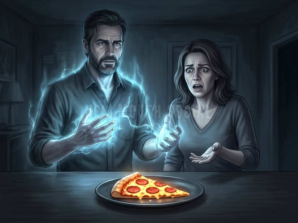 a 45-year-old man (with short dark hair) glowing with blue energy next to a 40-year-old woman looking horrified at a single slice of pepperoni pizza.