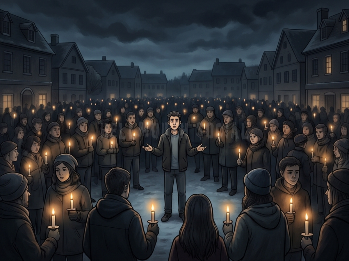 a crowded town square filled with people holding glowing candles, while one person in the middle without a candle looks confused.