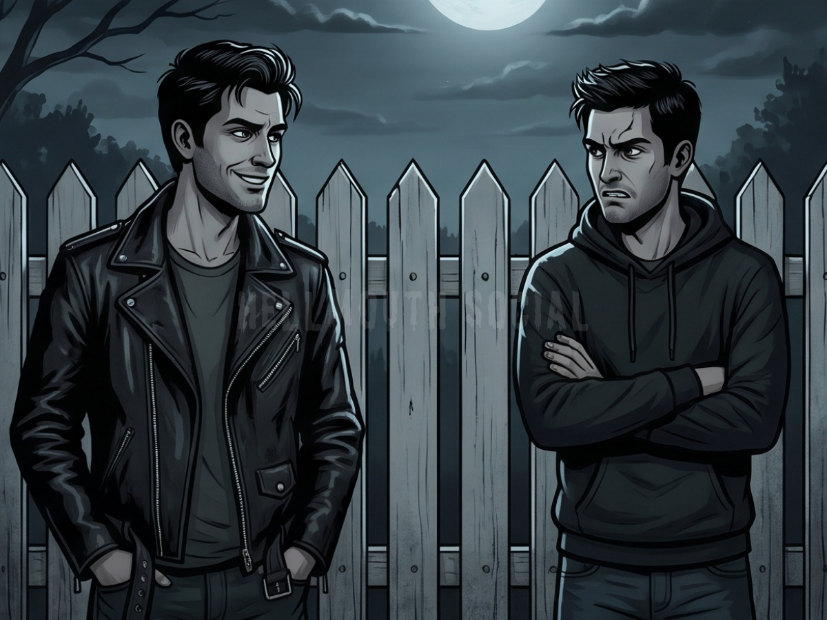 two dark-haired brothers: one looking smug in a leather jacket and the other looking frustrated in a hoodie, separated by a literal white picket fence.