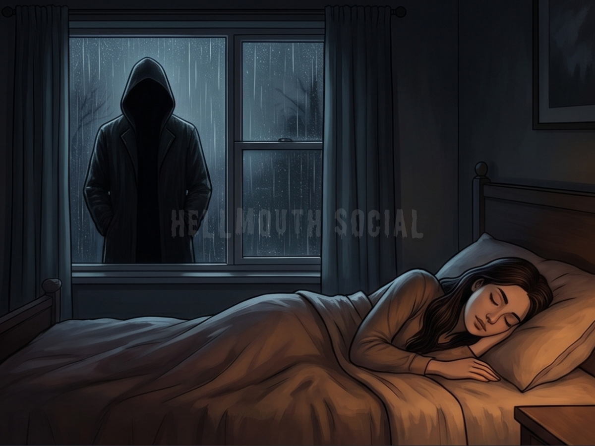 a shadowy figure standing outside a bedroom window while the brunette inside sleeps peacefully, unaware of the lurking "romantic" gesture.