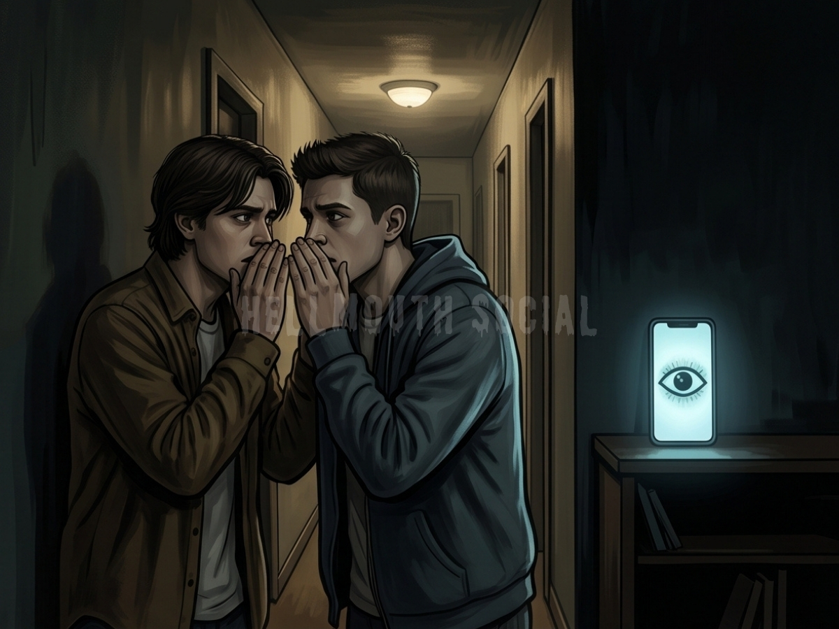 two 19-year-old guys whispering in a dark hallway, while a giant, glowing eye watches them from a smartphone screen hovering in the background.