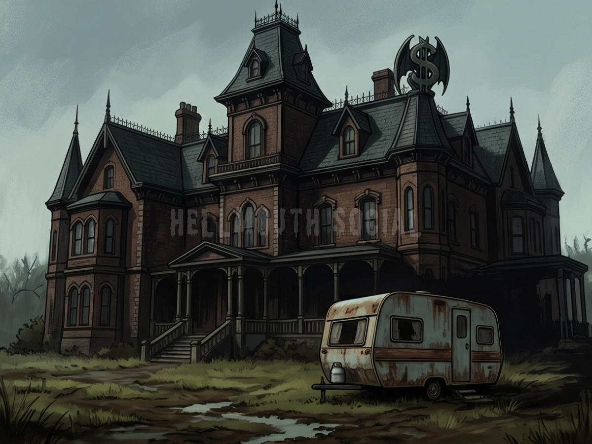 a massive, imposing Victorian mansion casting a long shadow over a tiny, rusted-out trailer, with a dollar sign shaped like a gargoyle on the roof.