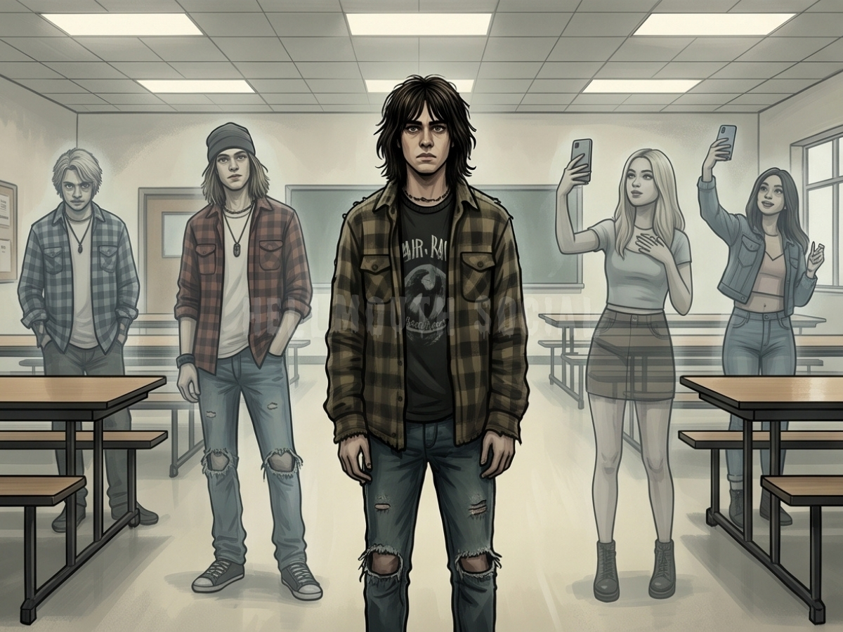 a shaggy-haired male teenager (with dark shoulder length hair and grungy clothes) standing alone in a high school cafeteria, surrounded by ghosts of 90s grunge icons and modern-day influencers.