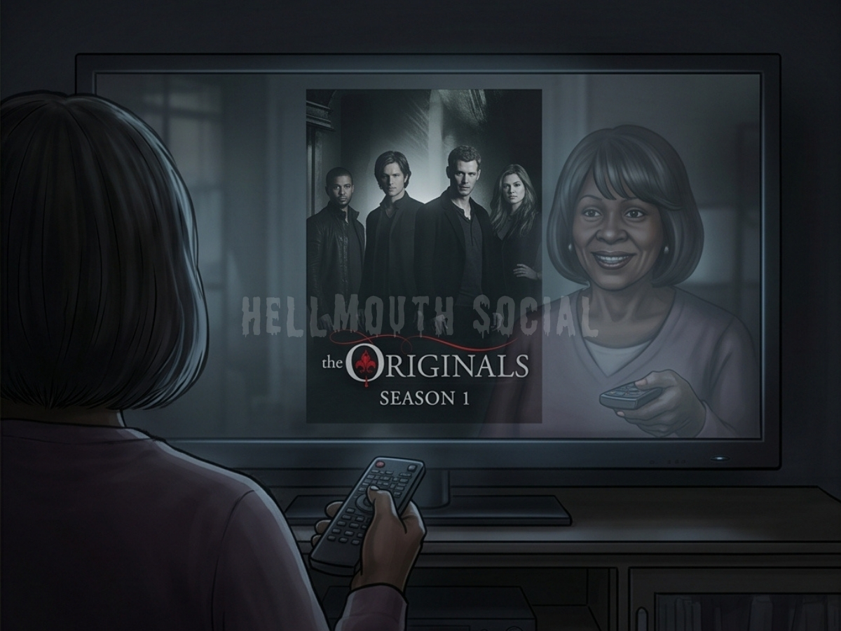 a living room, a modern television set with "The Originals" season 1 poster on-screen, but in the reflection, a 45-year-old African American woman (with a bob style) is seen holding a remote and smiling faintly.