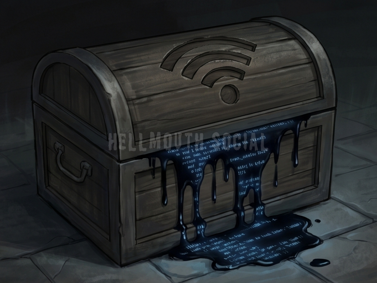 a heavy, ornate wooden chest with a modern Wi-Fi symbol carved into the lid, leaking dark ink that looks like digital code.
