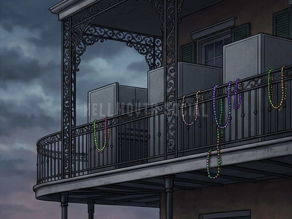 a classic French Quarter balcony draped in colorful beads, but the beads are being slowly replaced by cold, grey cubicle dividers.