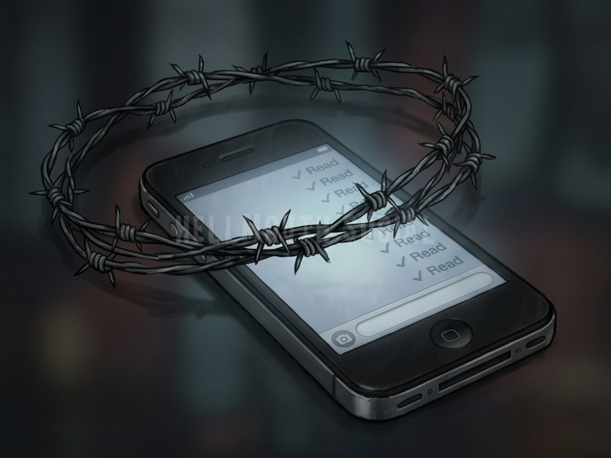 a crown made of barbed wire sitting on top of a vintage 2010s smartphone, with "Read" receipts glowing ominously in the background.
