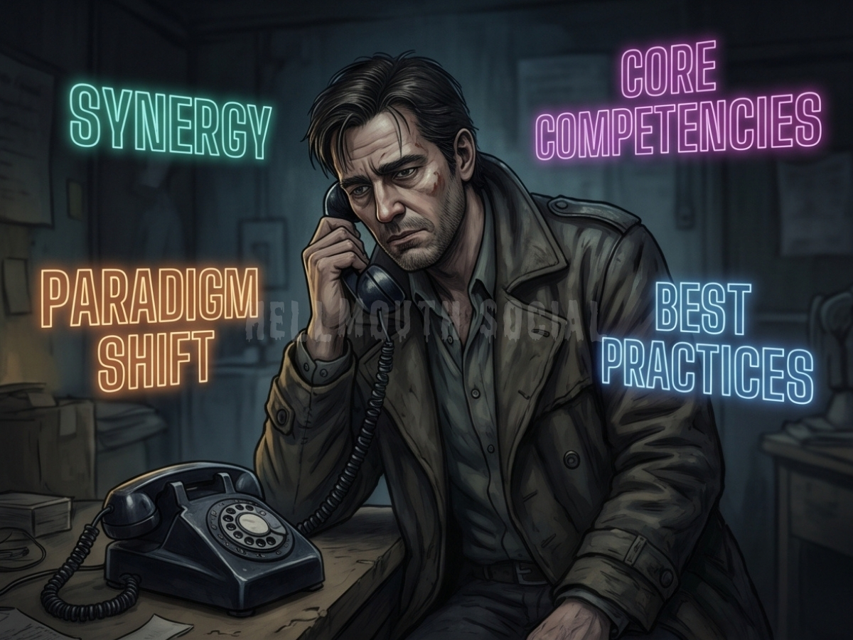 a 45-year-old man in a dark duster coat looking exhausted while trying to use a rotary phone, surrounded by floating, translucent HR buzzwords like "Synergy" and "Core Competencies" in 90s-era neon fonts.