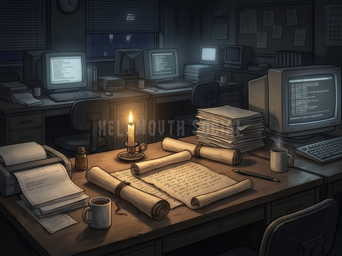 a moody, dimly lit 90s precinct office where one desk is covered in ancient parchment and a single candle, while the surrounding desks have bulky monitors and stacks of dot-matrix printer paper.