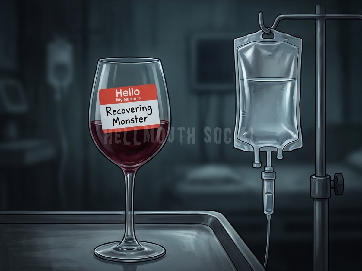 a glass of red wine sitting next to a medical IV bag, with a "Hello My Name Is" sticker on the glass that says "Recovering Monster".
