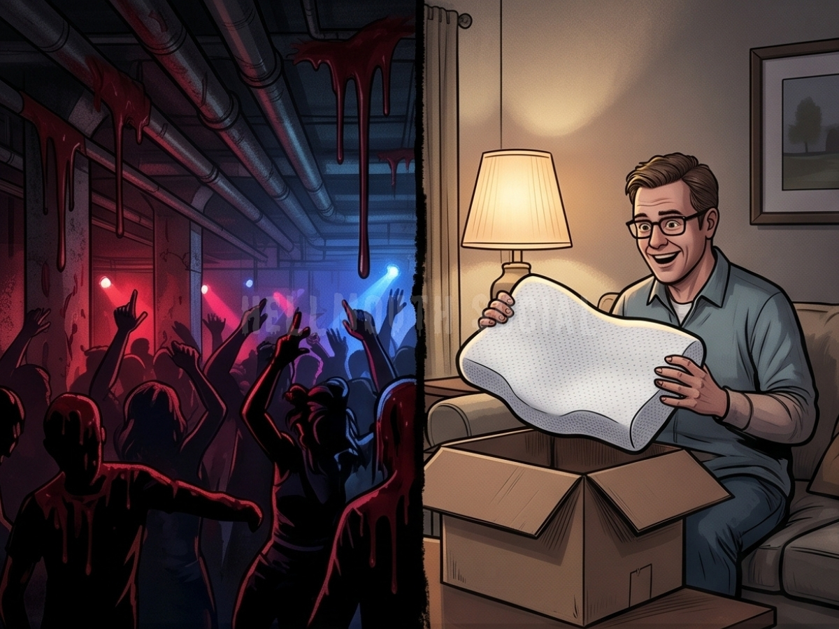 comparing a crowded, underground rave with dark red goo dripping from the ceiling to a quiet living room where a 45-year-old White man is excitedly unboxing a new ergonomic pillow. comparing a crowded, underground rave with dark red goo dripping from the ceiling to a quiet living room where a 45-year-old White man is excitedly unboxing a new ergonomic pillow.