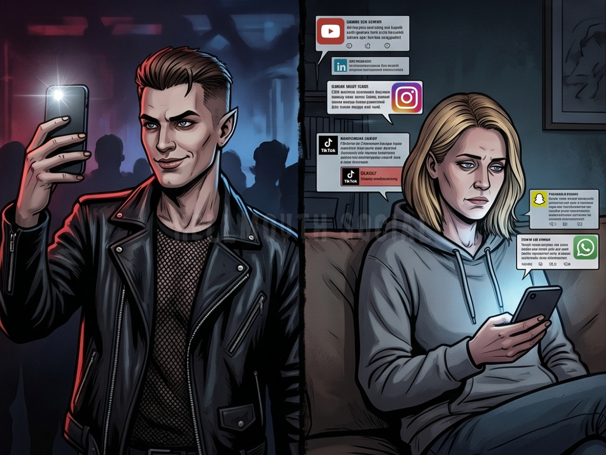 the movie vampire male villain looking trendy and arrogant while taking a selfie, contrasted with a tired Blonde woman staring at a confusing social media feed full of polarizing political rants. the movie vampire male villain looking trendy and arrogant while taking a selfie, contrasted with a tired Blonde woman staring at a confusing social media feed full of polarizing political rants.