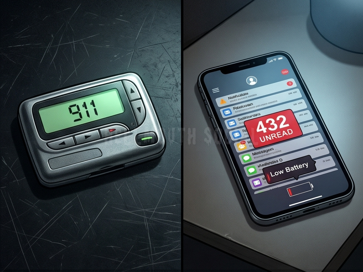 a 1990s silver pager glowing with a "911" message in contrast to a modern smartphone overflowing with 432 unread notifications and a low battery warning. a 1990s silver pager glowing with a "911" message in contrast to a modern smartphone overflowing with 432 unread notifications and a low battery warning.