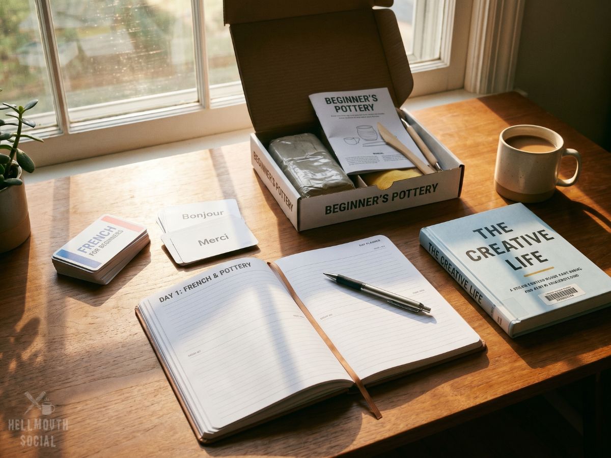 a freshly opened day planner resting beside language-learning flashcards, a beginner's pottery kit, and a library book with an uncreased spine. Morning sunlight streams across the desk, creating a sense of possibility, curiosity, and optimism.