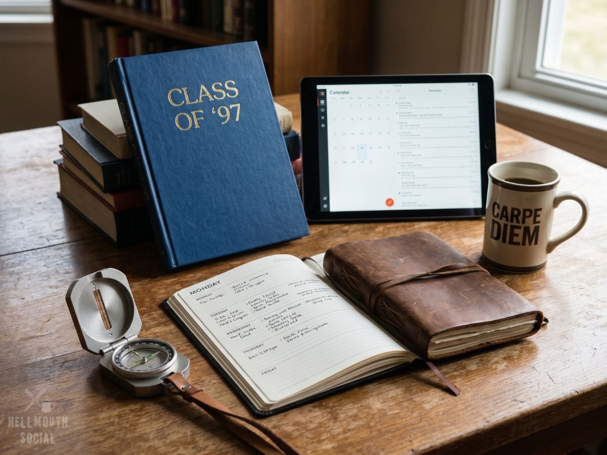 four objects arranged on a library table: a modern compass, an open ‘Monday’ planner, a brown leather journal, and a "Carpe Diem” coffee mug. Behind them sits a word “Class of ‘97” high school year book, beside a modern tablet - all symbolizing different paths through adulthood and the realization that growing up never really ends.