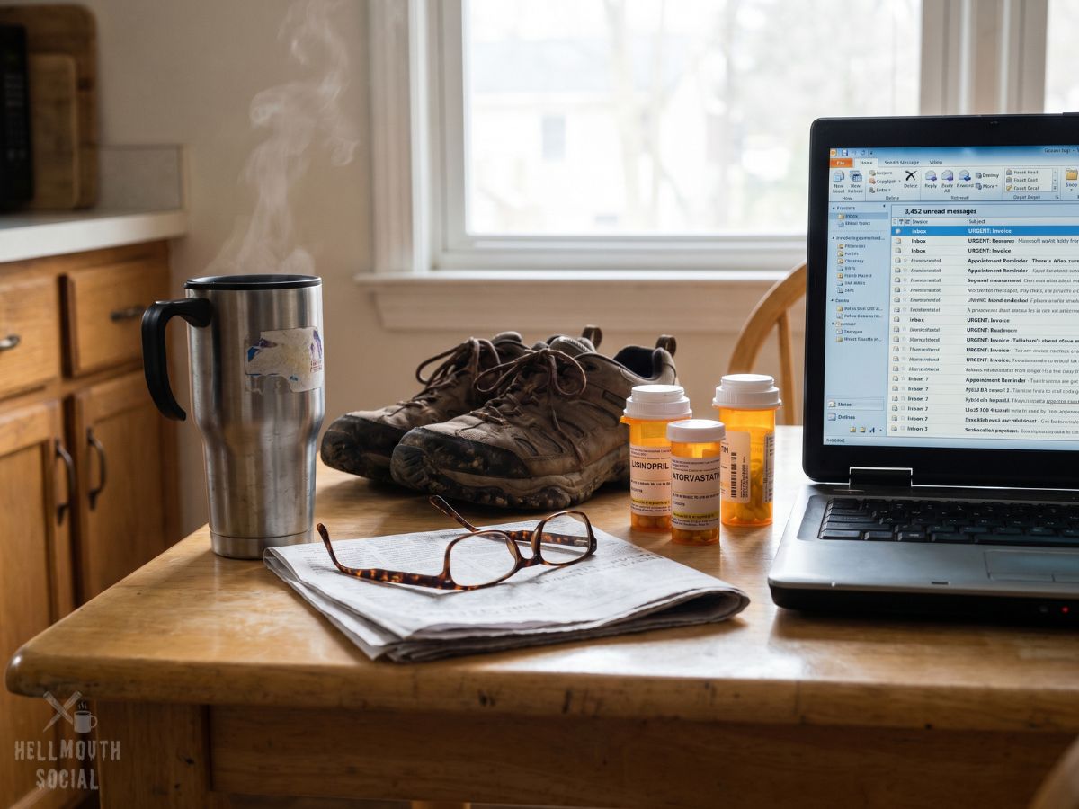 On a kitchen table: a battered travel mug, reading glasses, comfortable walking shoes, various prescription pills containers, and a laptop showing many unread emails arranged like a warrior's equipment before battle. Quiet morning light suggests resilience earned through repetition rather than heroism.