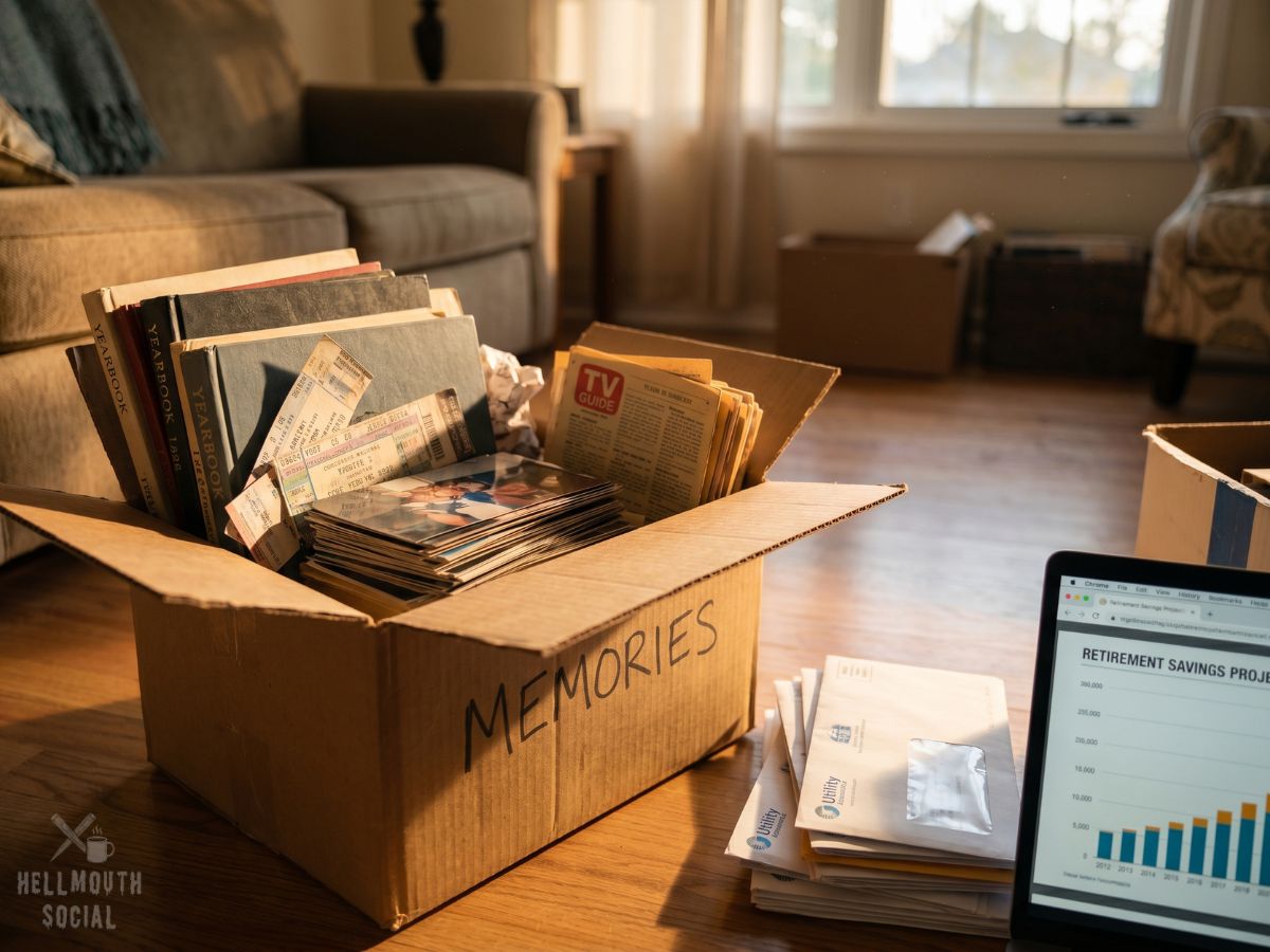 a dusty storage box filled with yearbooks, ticket stubs, disposable camera photos, and old TV recording schedules sitting beside unopened utility bills and a laptop displaying a retirement savings calculator. Soft afternoon light suggests the strange distance between who we were and who we became.