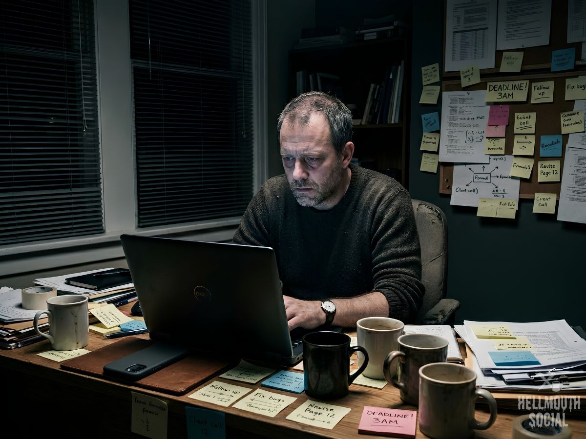a tired 40-something man alone at night, lit only by laptop glow, surrounded by sticky notes and empty mugs, blinds drawn, phone face-down. Desaturated beige-grey palette, harsh single light source, isolated and obsessive mood.