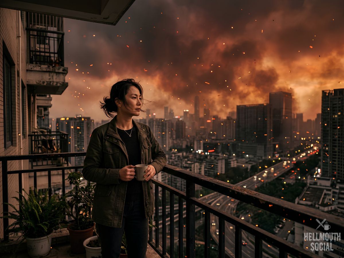 a Chinese woman in her 40s standing calmly on an apartment balcony as an unnaturally dark, ash-orange sky looms over the city skyline. Embers drifting, dramatic apocalyptic light, but the she looks determined and calm. Cinematic, ominous, resilient, apocalyptic scene.