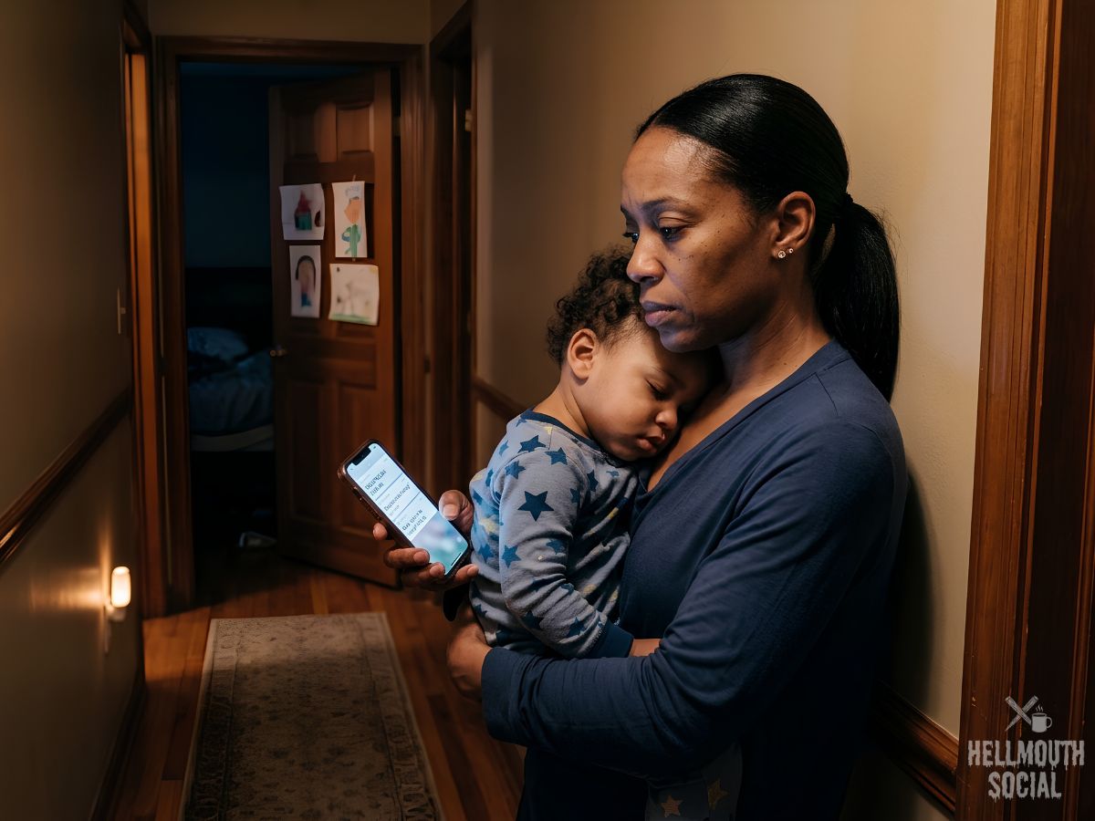 an exhausted-but-loving Black female parent (with a smooth ponytail) in her 40s holding a sleeping toddler at 2am in a dim hallway, staring anxiously at her cellphone in her other hand. Soft warm nightlight glow, candid documentary feel, tender and overwhelmed.
