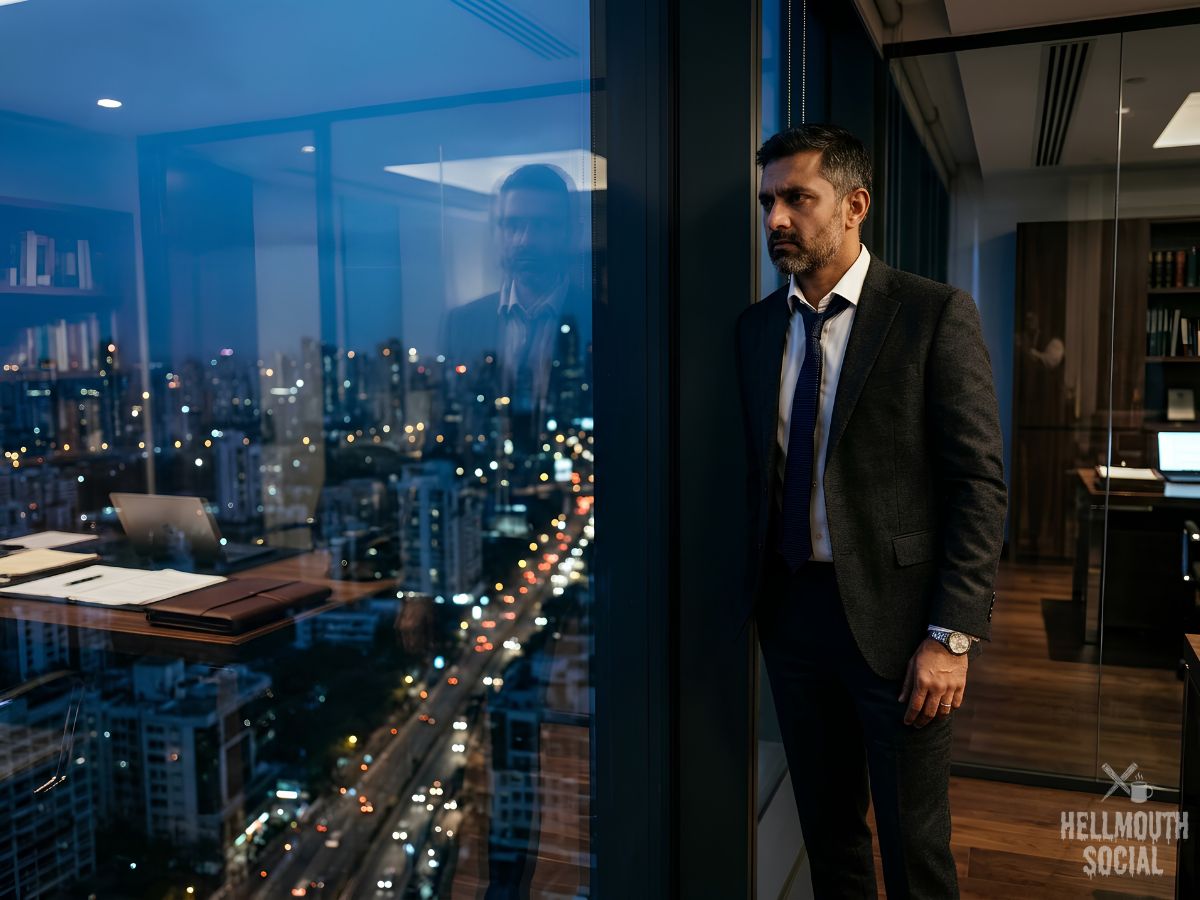 a sharply dressed 40-something South Asian male lawyer in a glass corporate high-rise office at dusk, city lights below, loosened tie, staring out the window with a complicated or stern expression. Cold blue light, polished surfaces, quiet defiance.