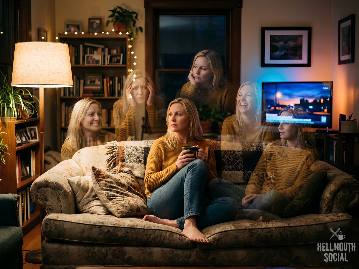 a blonde woman in her mid-40s on a worn couch surrounded by five faint ghostly overlays of themselves in different moods. Cozy lamp-lit living room, TV glow, reflective and warm. Subtle double-exposure effect, stylized documentary tone.