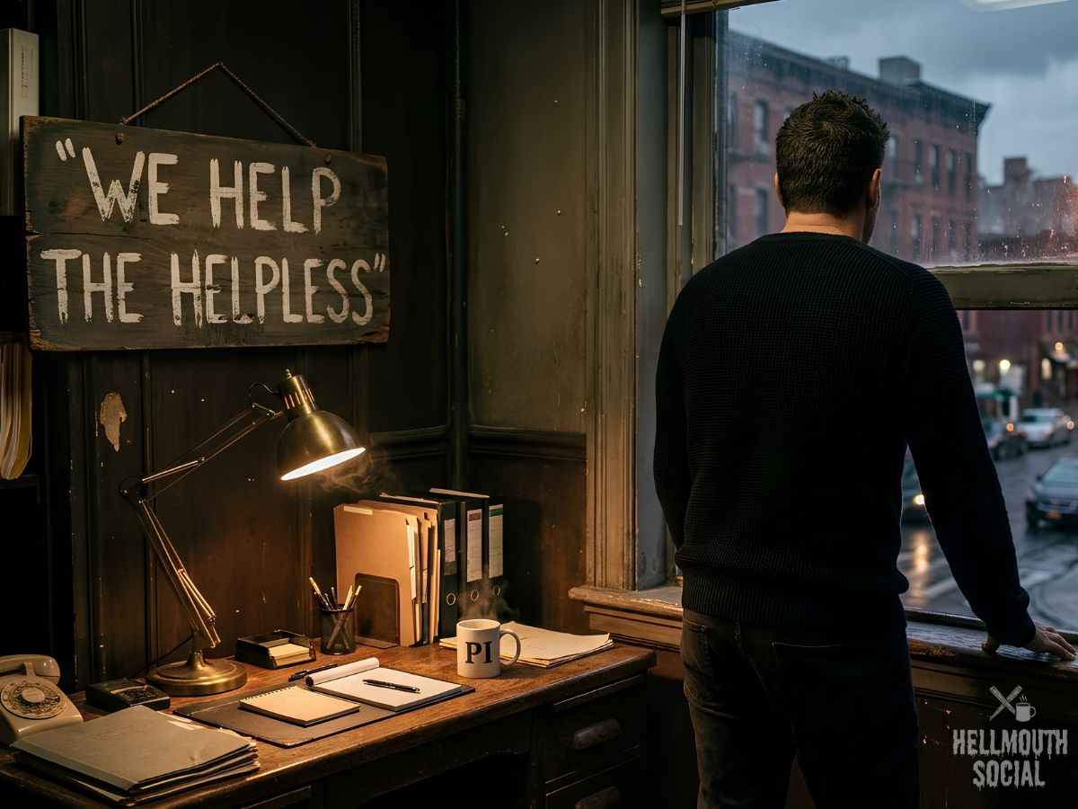 a hopeful 40-something man, seen strictly from the back wearing a black sweater, looking out of a window of a corner (street-level) dark toned private investigation office space, hand-painted "We Help the Helpless" sign behind a cheap desk, single lamp, hot coffee. Warm dim light, documentary realism, slightly dusty air.