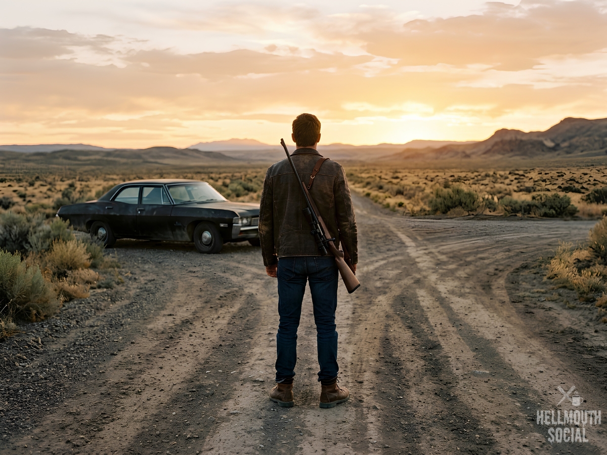 A young hunter in a leather jacket seen from behind at a desert crossroads at dawn, beside a classic black car.