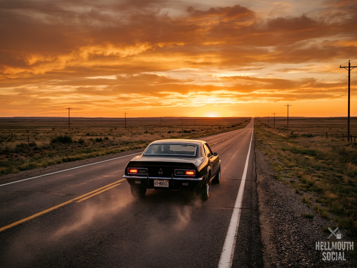 A black 1967 muscle car driving away down an empty highway into a fiery sunset, seen from behind.
