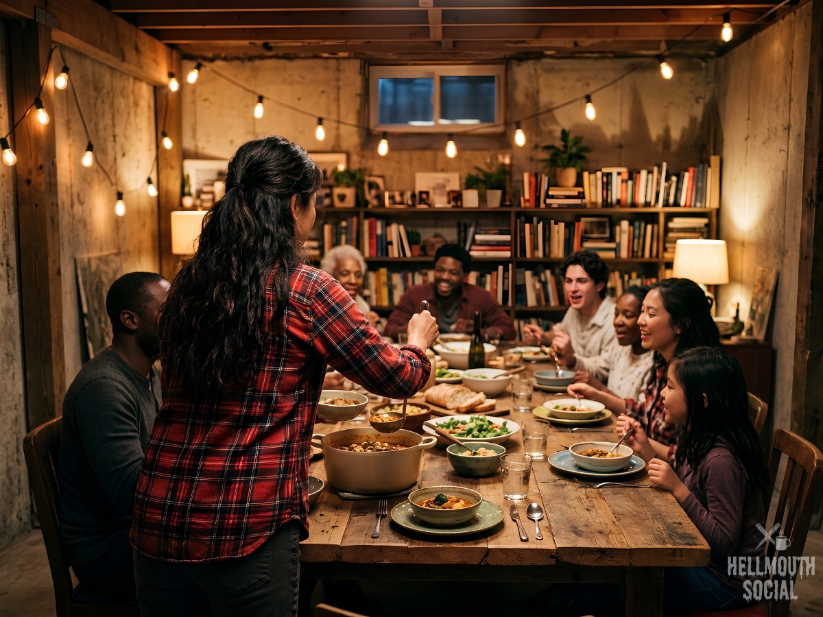 An adult in flannel seen from behind serving dinner to a found family at a long wooden table in a warm, lamplit room.