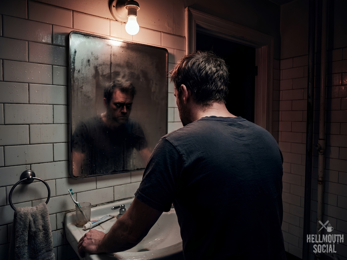A person seen from behind gripping a sink, facing a fogged bathroom mirror with a darker, shadowy reflection.