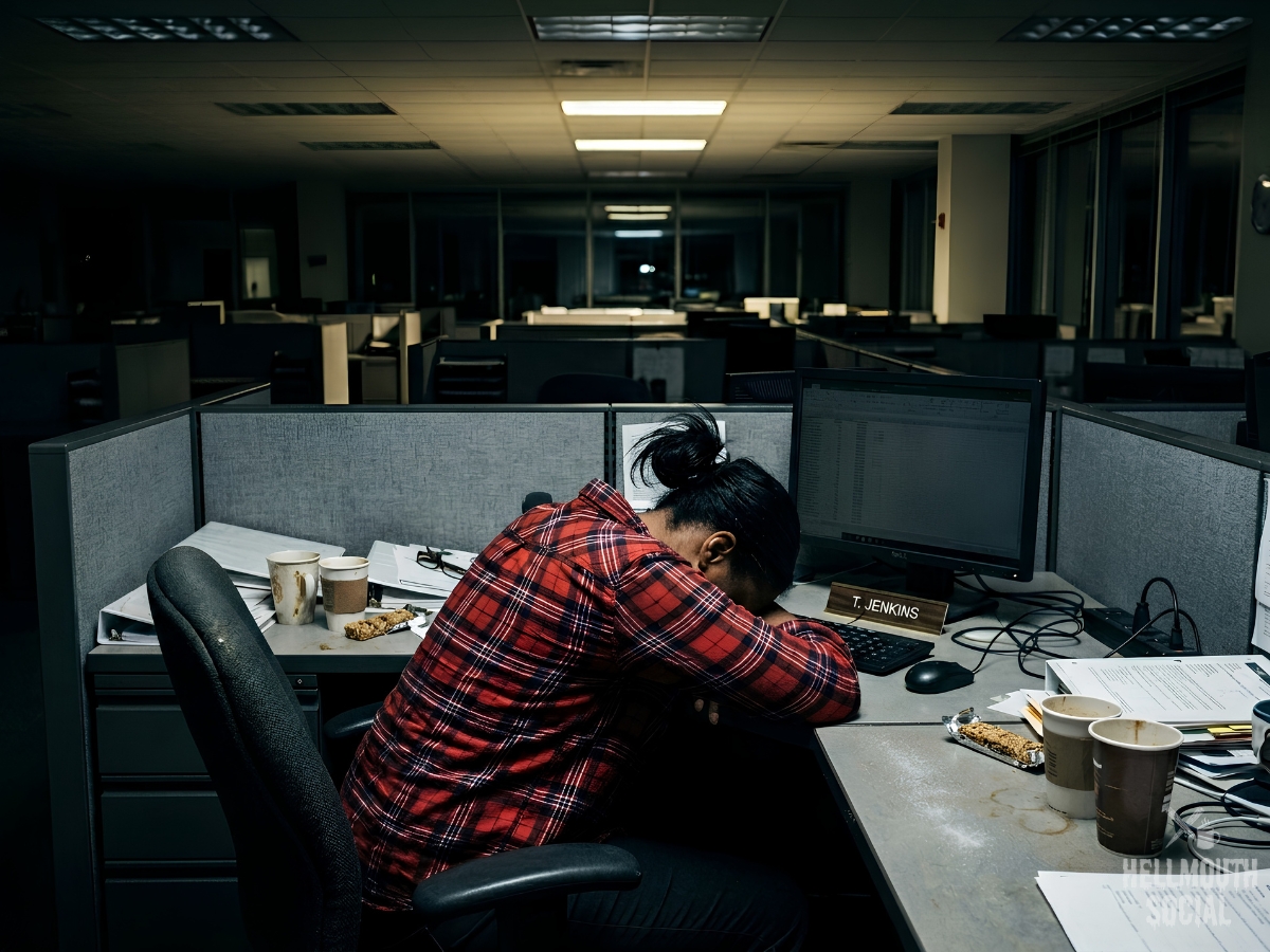 An exhausted worker in plaid slumped at a cluttered cubicle desk under harsh fluorescent office lights at night.