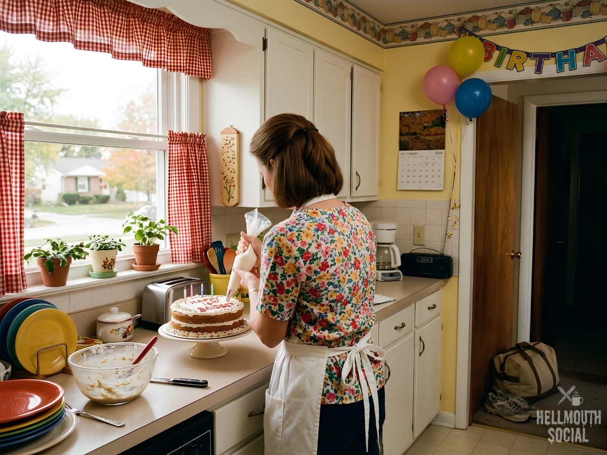 A suburban mother in a floral blouse and apron, seen from behind, frosting a birthday cake in a spotless kitchen, a packed overnight bag half-hidden by the door.