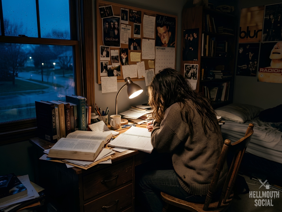 A teenage girl with dark hair, seen from behind, hunched over a cluttered desk at 2 a.m., lit by a single lamp surrounded by handwritten notes and library books.