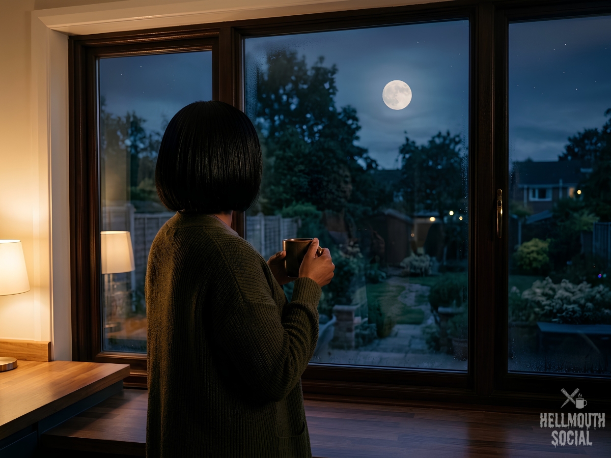 A mid-forties Black woman in a cardigan, seen from behind at a dark kitchen window, holding a coffee mug, a full moon hanging over the quiet suburban backyard beyond.