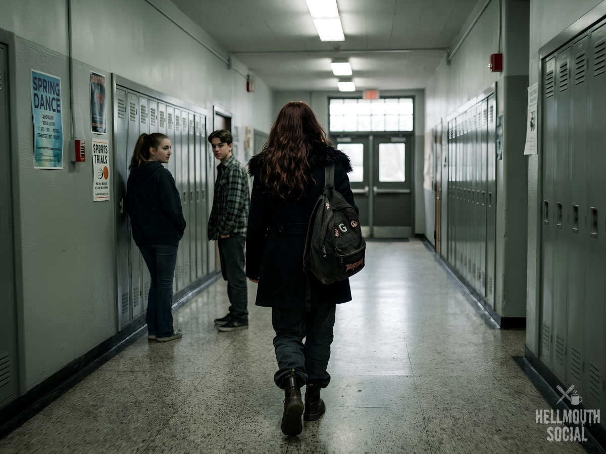 A teenage girl in a black fur-collared coat, seen from behind, walks away down an empty fluorescent-lit high-school corridor as two students turn to watch.