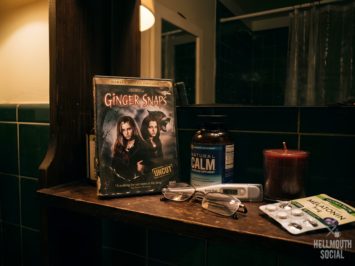 A worn early-2000s horror DVD case on a dim bathroom shelf beside a magnesium bottle, reading glasses, a basal thermometer, melatonin and an unlit candle.