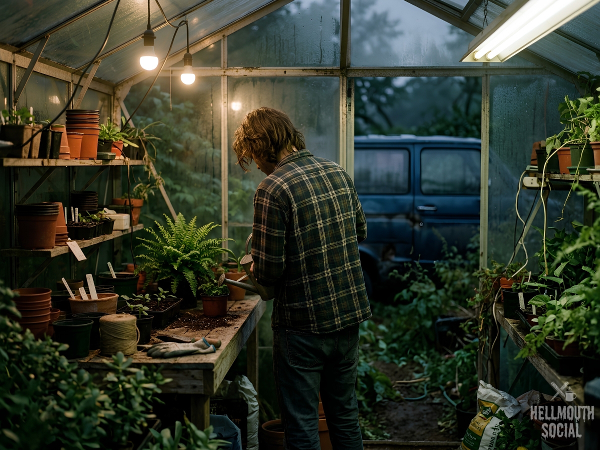 A young man with shoulder-length hair, seen from behind, tending potted plants in a dim backyard greenhouse, a beat-up van visible through fogged glass.