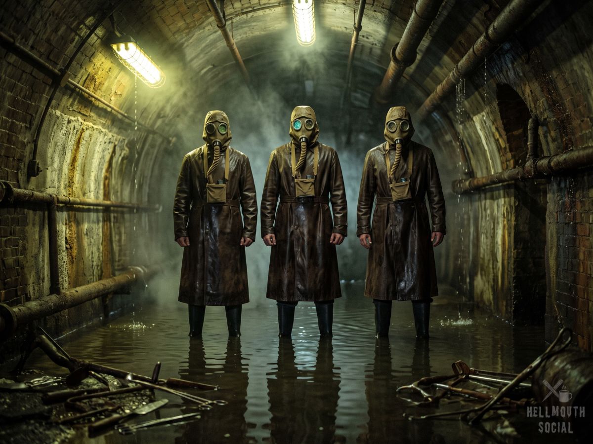 Three figures in long leather coats and antique gas masks standing in a flooded, green-lit underground tunnel.